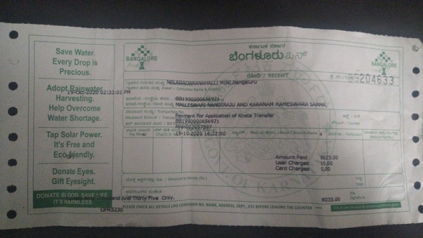 BDA Khata transfer Bangalore download Seva Sindhu fee